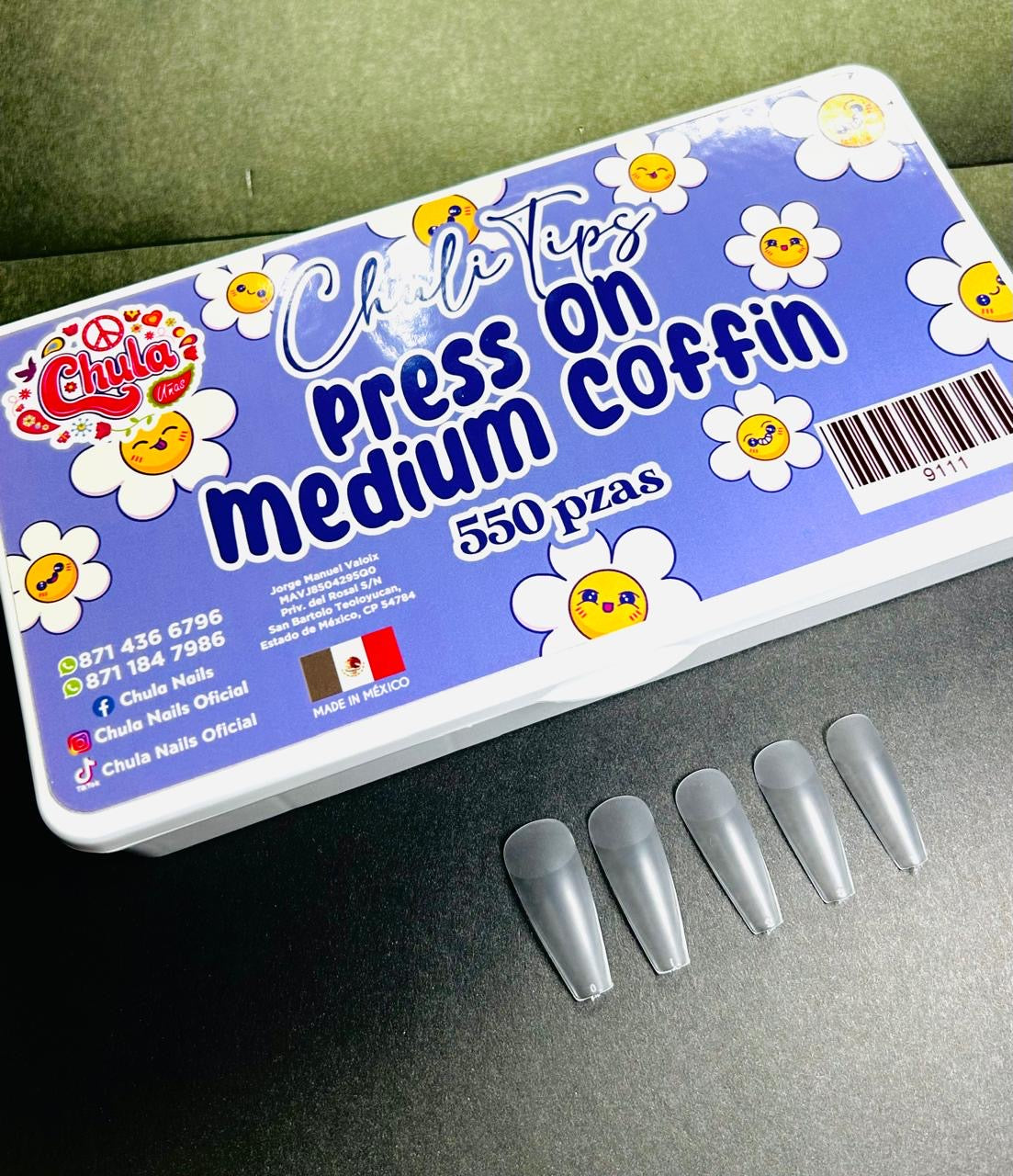 UÑAS POSTIZAS NUEVO CHULITIPS, FORMA MEDIA DE ATAÚD, 550 PIEZAS (CAJA DURA)